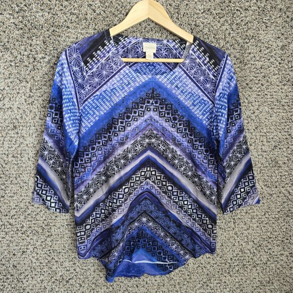 Chicos Top Womens 0 US Small Blue Scoop Neck Embellished 3/4 Sleeve Tee Casual - Picture 1 of 7
